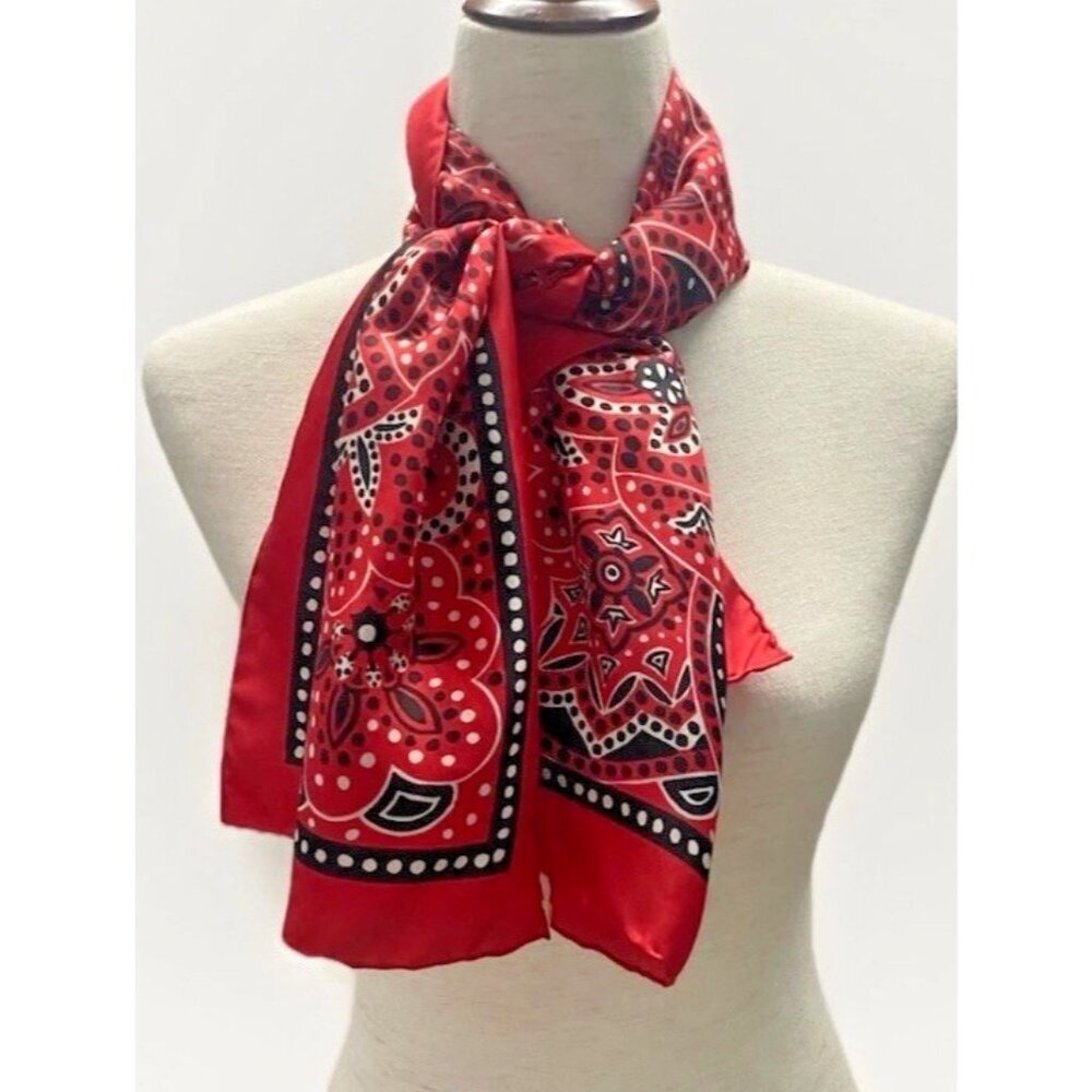 Glentex Vintage Silk Scarf Red White Black Paisley Hand Rolled Japan 43 x 14.5
